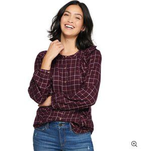 Women's  S plaid Ruffled Button-Down Top plum long sleeve